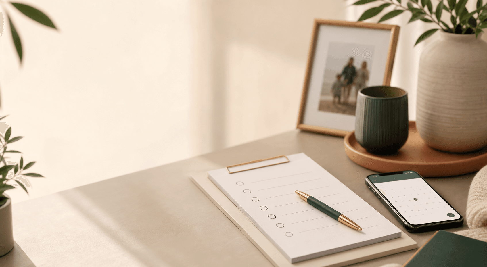 A calm desk with a readiness checklist, calendar, and family photo.